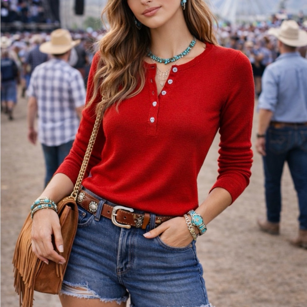 Zadig & Voltaire Vibrant Red Skull & Wing Rhinestone Henley Edgy - Picture 2 of 14